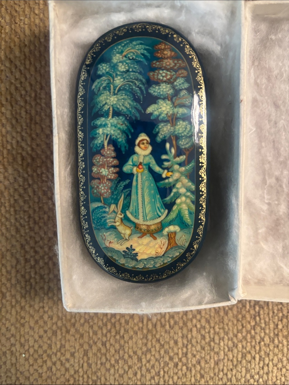 Russian hand painted  lacquer box Decorative Teal and Gold  Trinket Box NIB